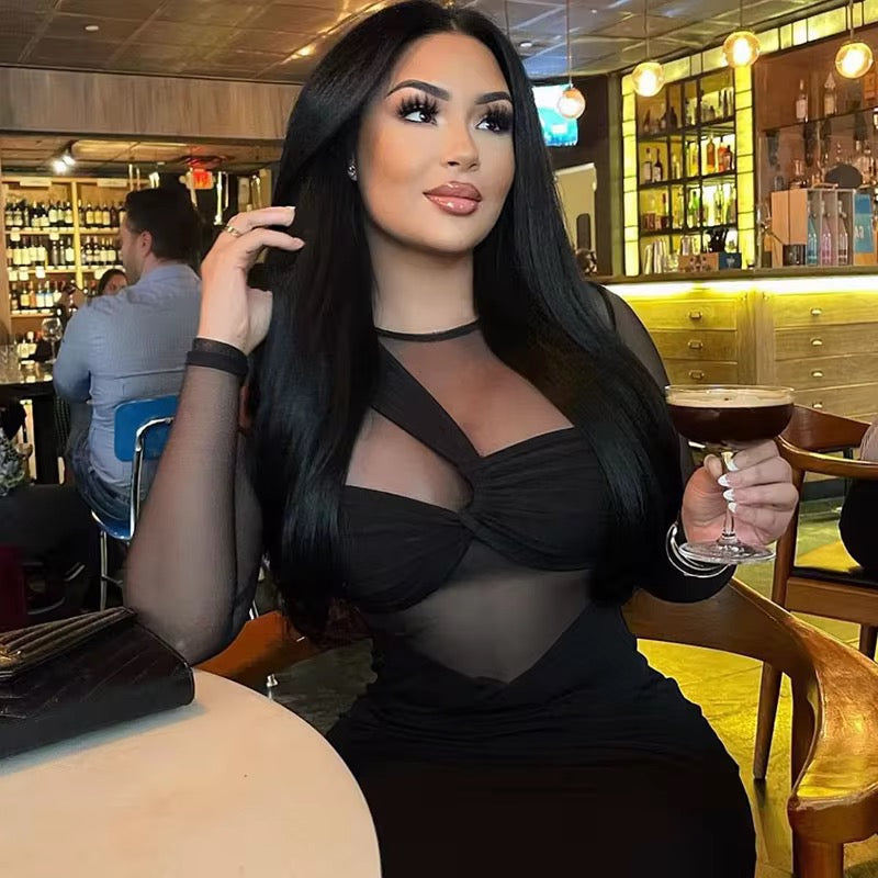 Mariposa Women's Round Neck Mesh Splice Twist Knotted Long Sleeve Dress