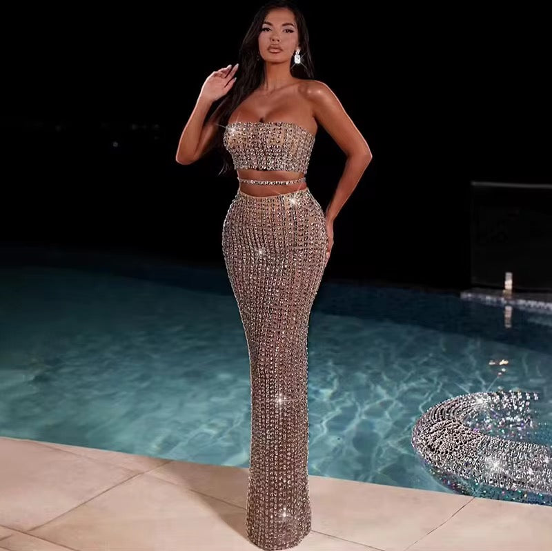 Radiant Elegance Handcrafted Crystal Encrusted Sheer Two-Piece Evening Gown