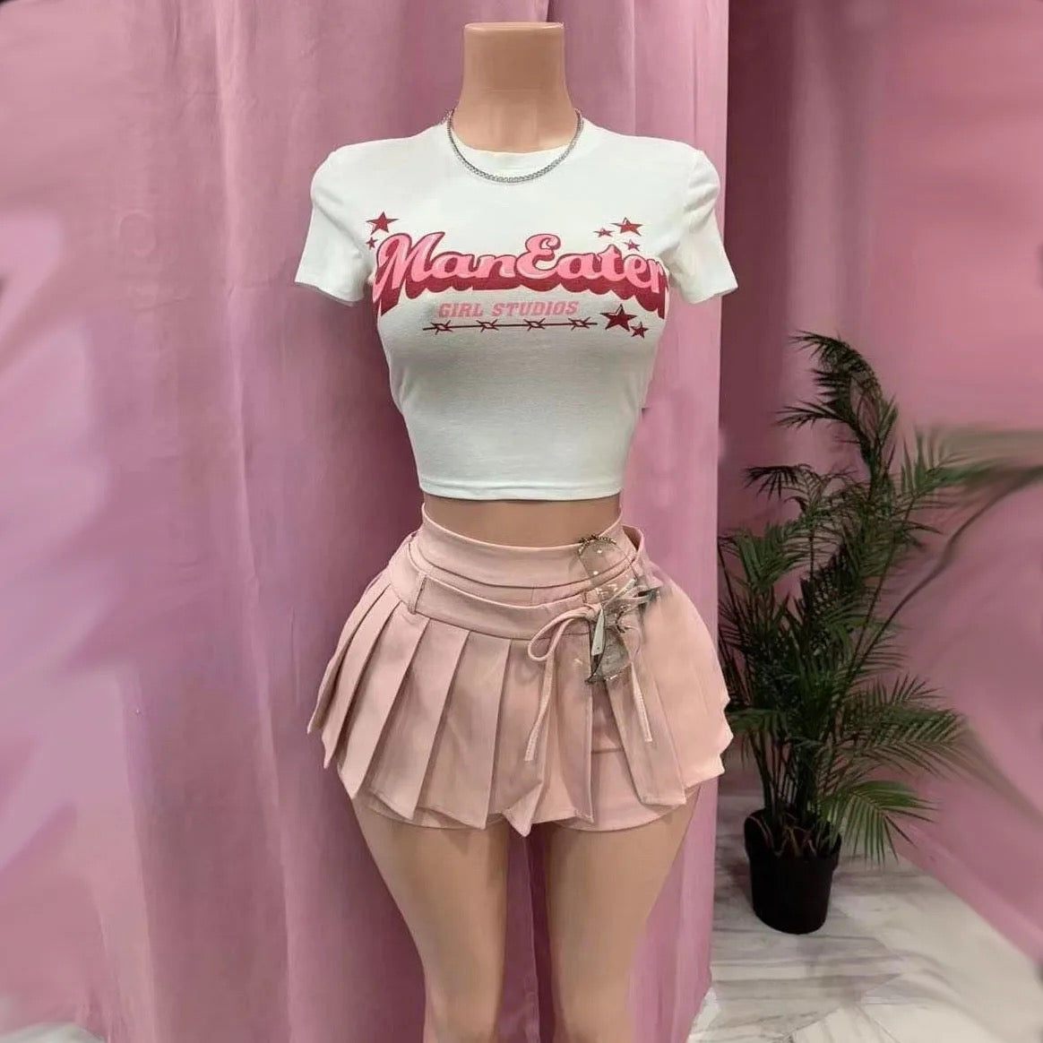 Two Piece Sets for Women Sexy Skirts Suits Short Sleeve T-shirt + Mini Pleated Shorts Skirt