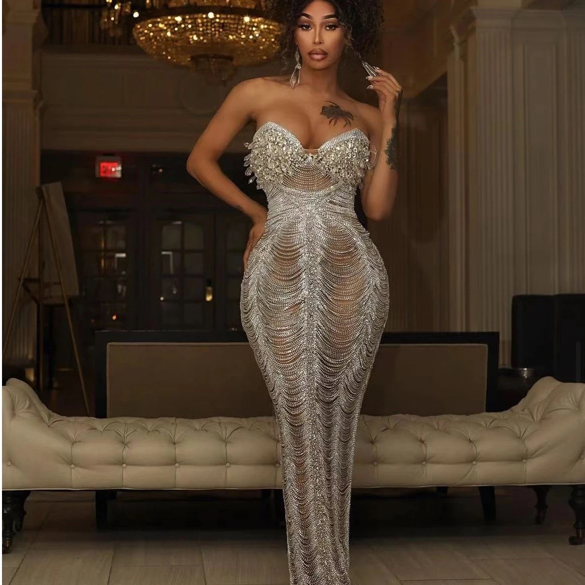 Caught Your Attention Icy Diamond Chain Gown – Stunning Rhinestone Maxi Dress with Built-In Corset