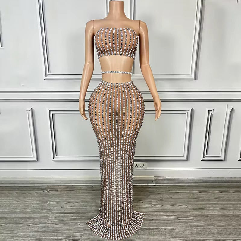Radiant Elegance Handcrafted Crystal Encrusted Sheer Two-Piece Evening Gown