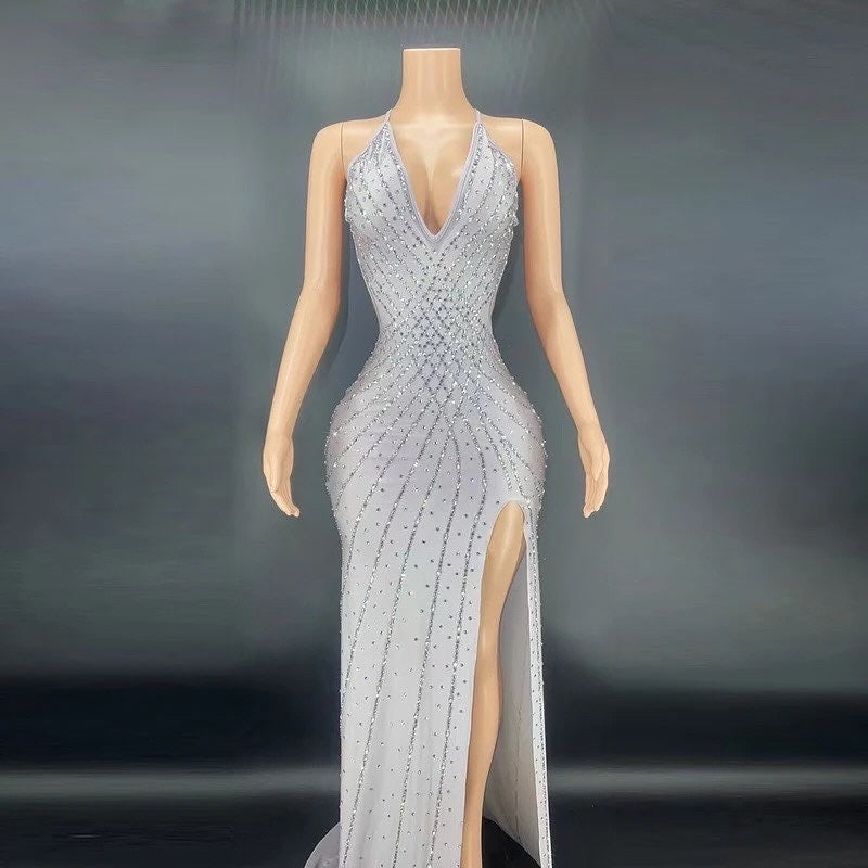 Beverly White Long Dress For Women Rhinestone Birthday Evening Party Wedding Queen Outfit Sexy Backless Stage Wear Nightclub Rhinestones Train Backless Dress Dancer Prom Party Outfit