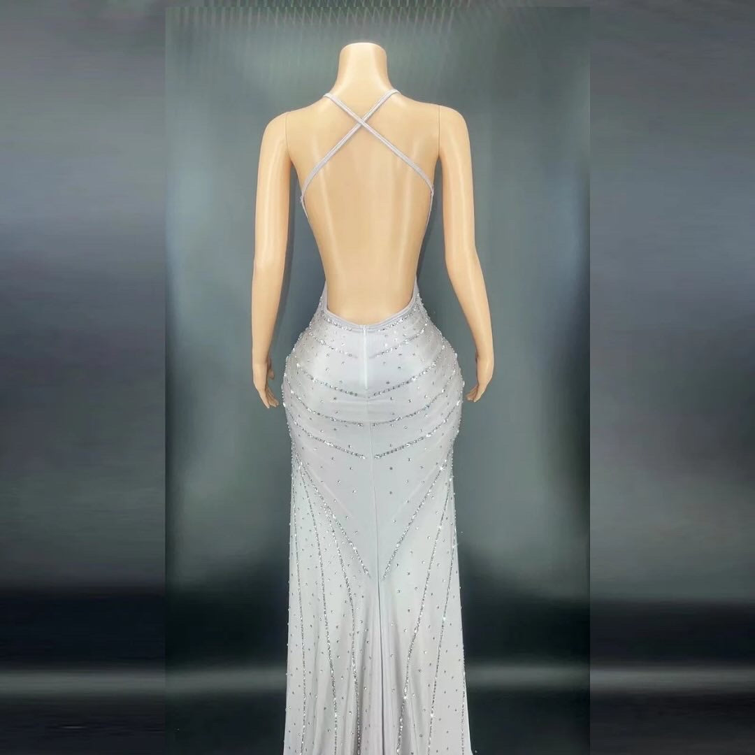 Beverly White Long Dress For Women Rhinestone Birthday Evening Party Wedding Queen Outfit Sexy Backless Stage Wear Nightclub Rhinestones Train Backless Dress Dancer Prom Party Outfit