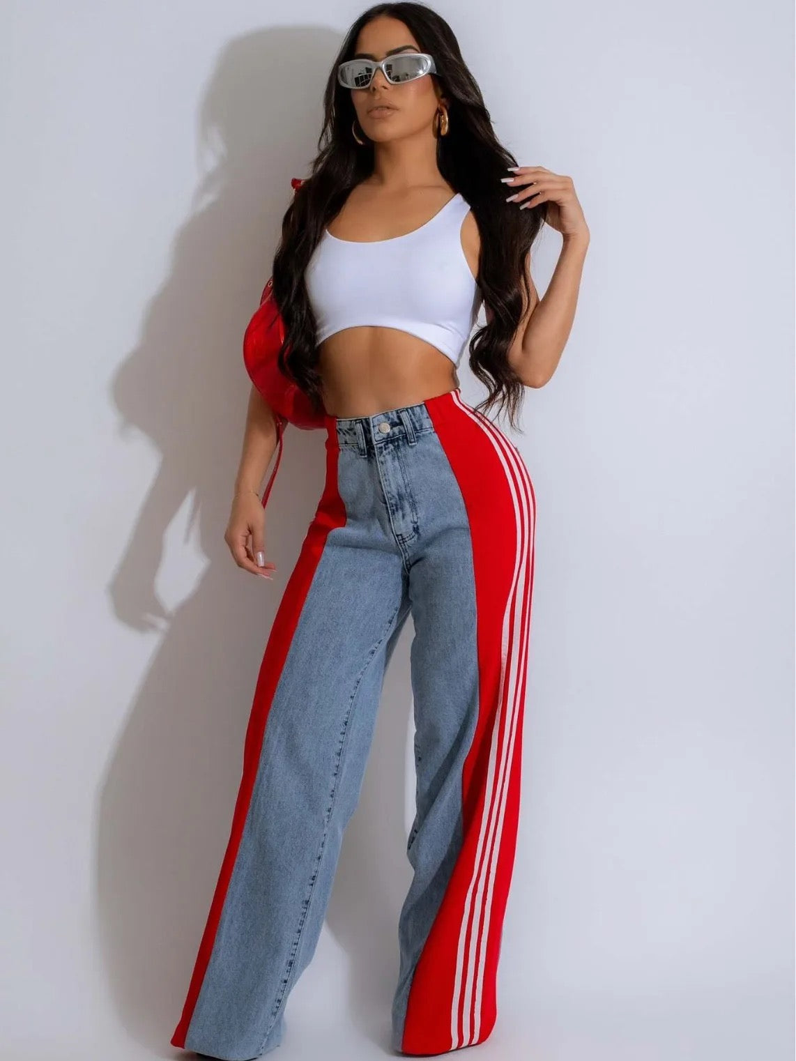 Play Your Game High Waisted Straight Pants Casual Pants Striped Patchwork Jeans Women