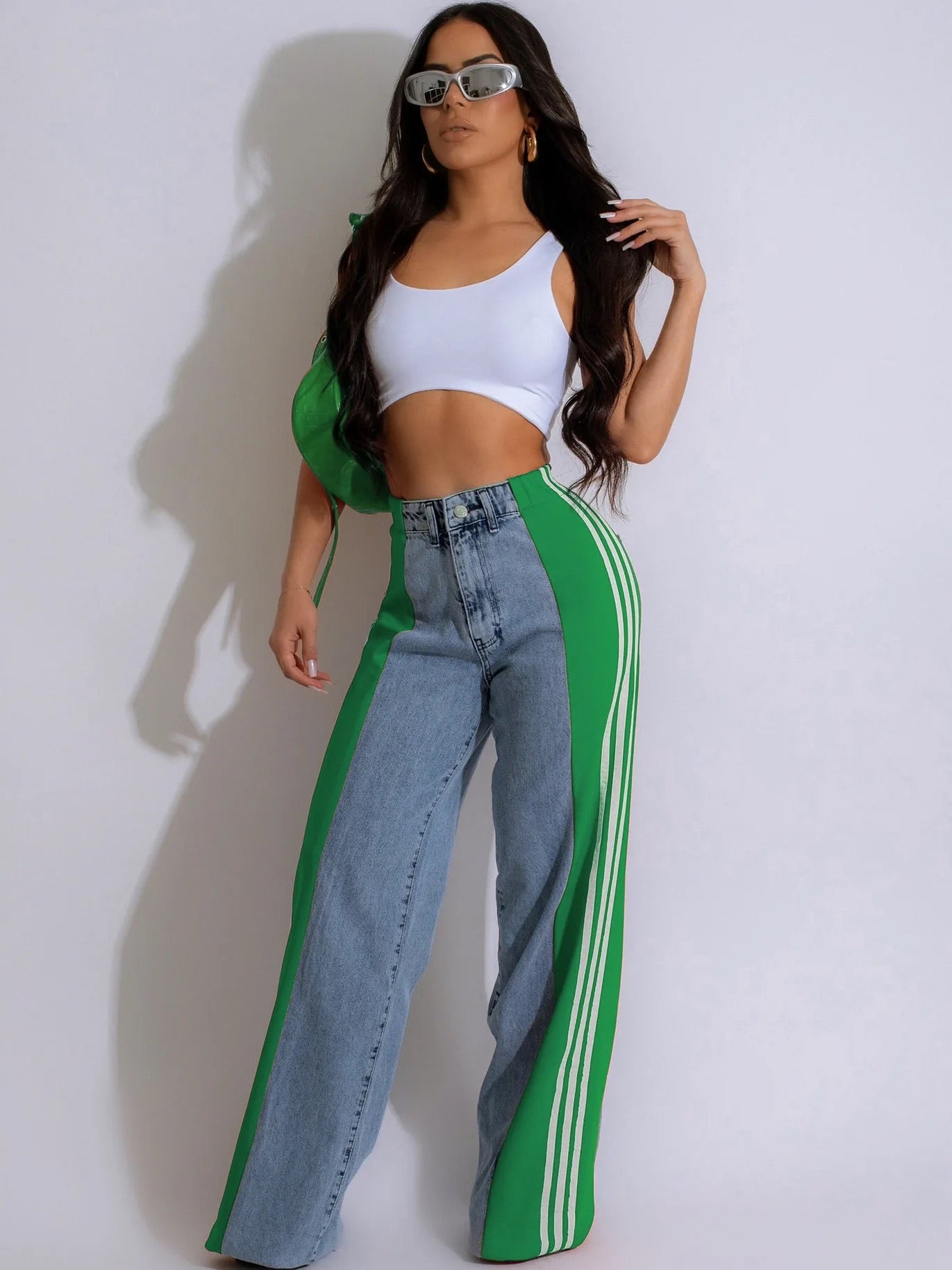 Play Your Game High Waisted Straight Pants Casual Pants Striped Patchwork Jeans Women